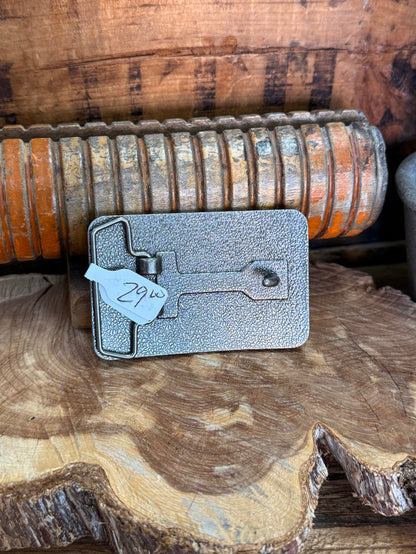 Cowboy saddle bronc belt buckle backplate, textured silver metal with mounting tabs
