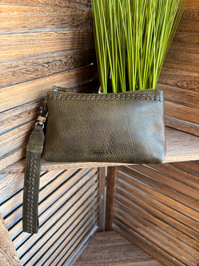 Olive mini wristlet bag with textured leather and zip-top closure, wrist strap