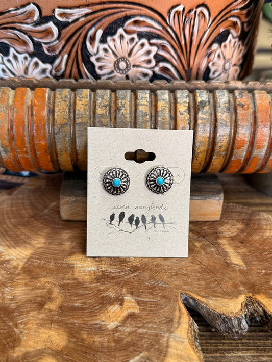 Silver-tone round concho stud earrings with turquoise center, pair on card