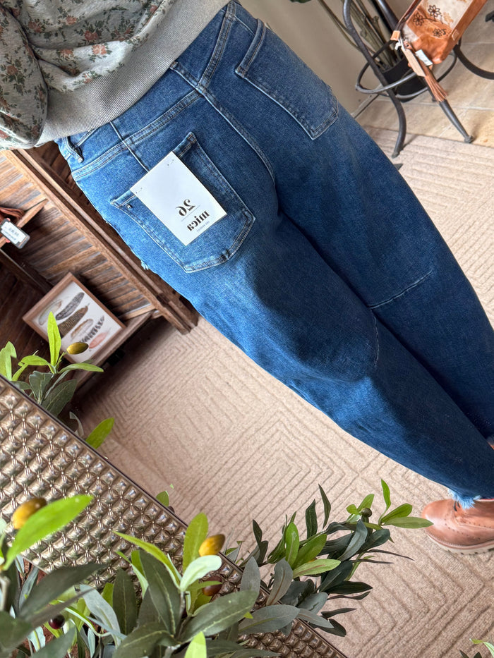 Mica barrel jeans in dark blue wash, back pocket label view and seam details
