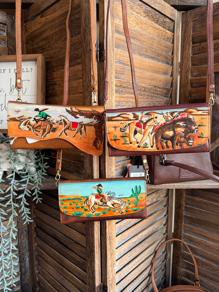 Hand-painted leather crossbody wallet with orange horse scene and snap closure