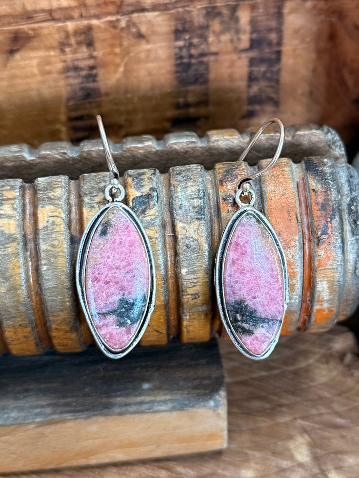 Pink rhodonite oval drop earrings with silver-tone fishhook backs
