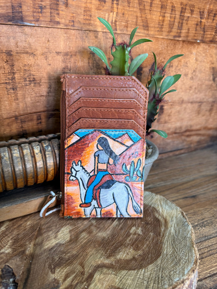 Hand-painted card and coin wallet with brown leather, rider and horse illustration on front