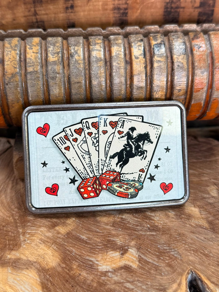 Cowboy royal flush belt buckle front, playing card fan design with hearts and red dice