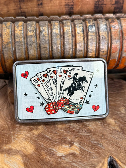 Cowboy royal flush belt buckle front, playing card fan design with hearts and red dice