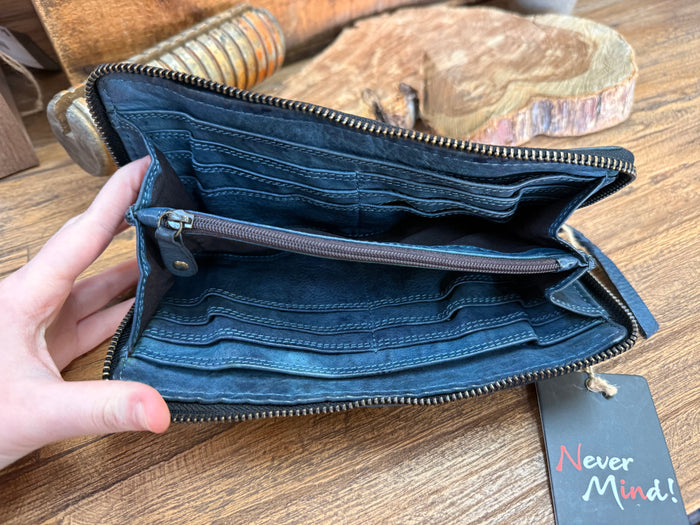 Navy leather zip-around wallet open, showing card slots and central zip pocket