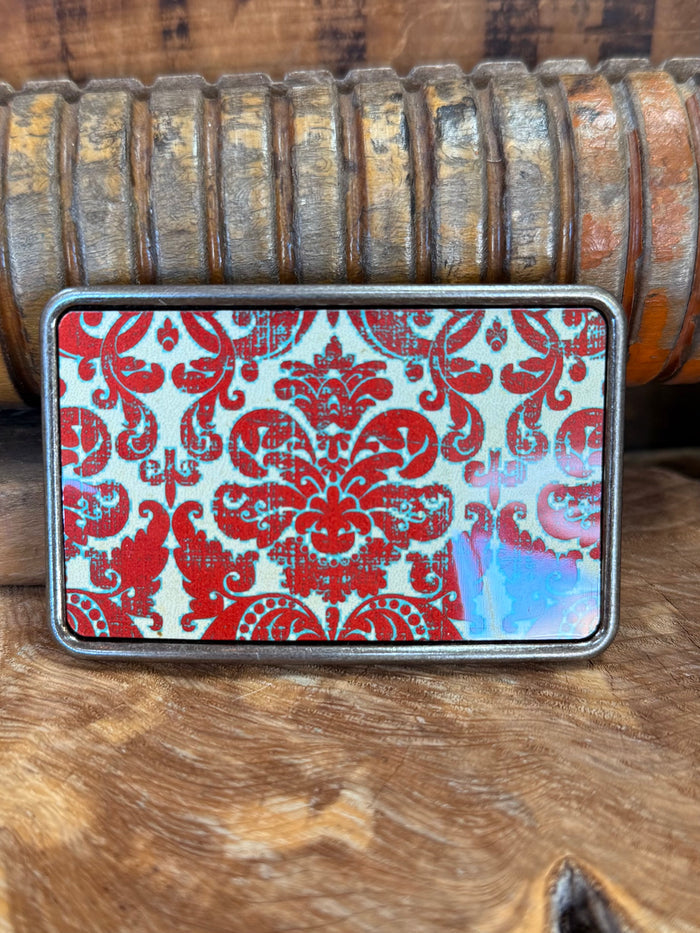 Red damask belt buckle with ornate floral print and silver border
