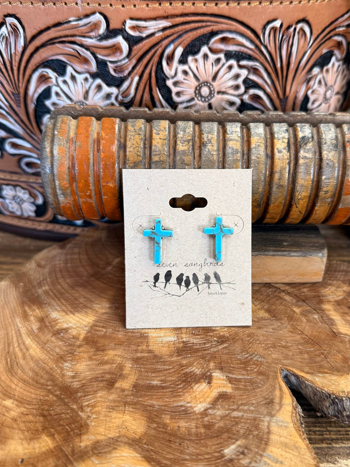 Turquoise cross stud earrings, silver-tone posts, pair of small cross shapes