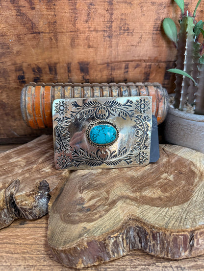 Turquoise stone belt buckle with engraved leaf floral silver frame
