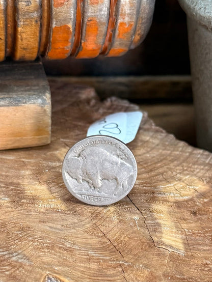 Buffalo scarf slide, silver-tone buffalo medallion on light blue tag