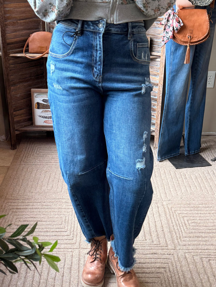 Mica barrel jeans in dark blue wash, front view with belt loops and whisker fading