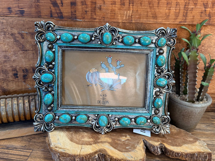Turquoise and silver ornate 4x6 photo frame, front view with floral print