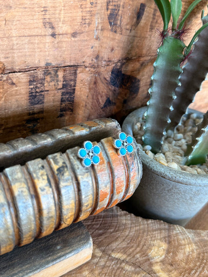Turquoise floral cluster stud earrings with silver posts