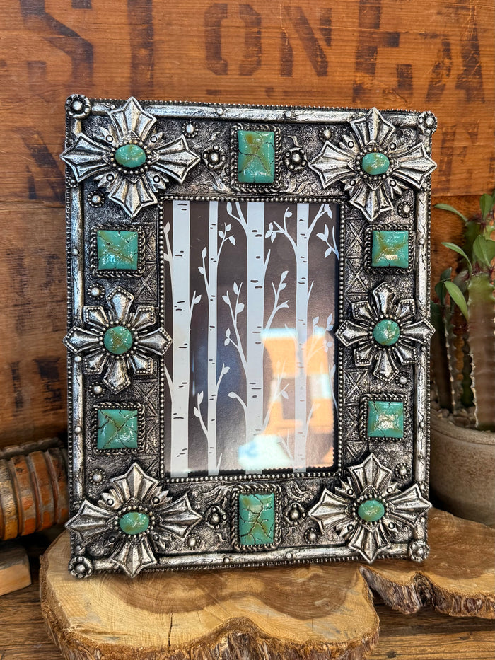 Silver Cross turquoise 4x6 photo frame with silver filigree border and turquoise gem tiles