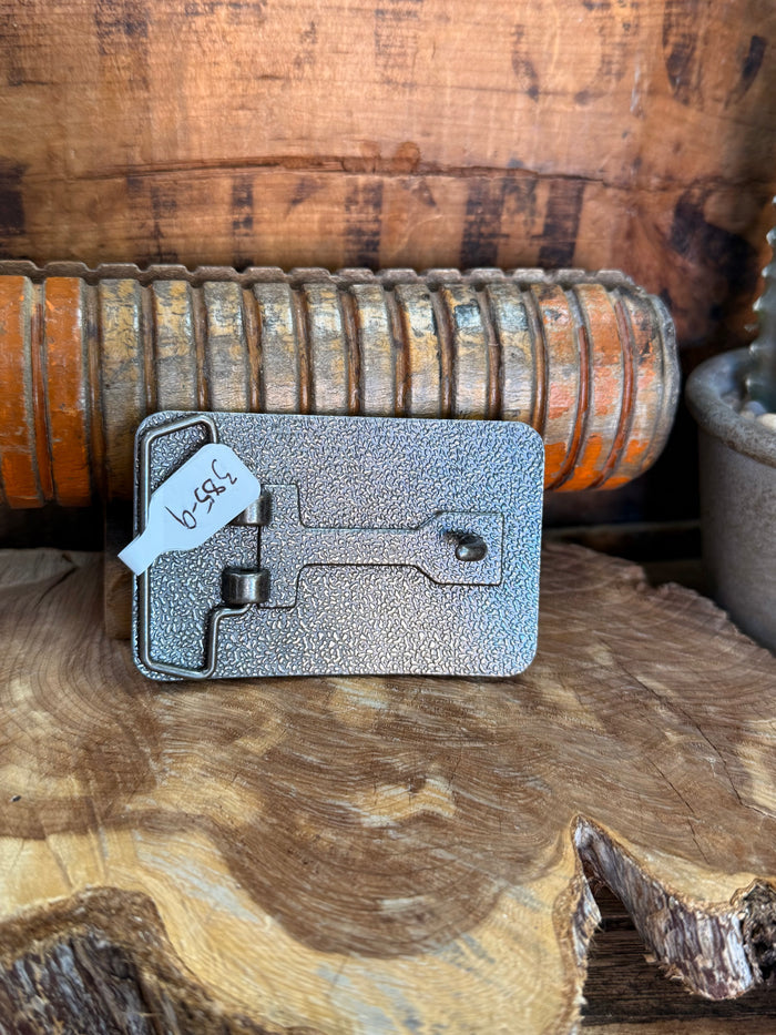 Silver belt buckle back plate with clasp and bar mechanism, textured finish