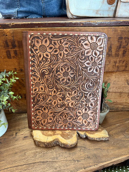 Hand-tooled leather folio notebook with floral carved cover, brown stitched edges