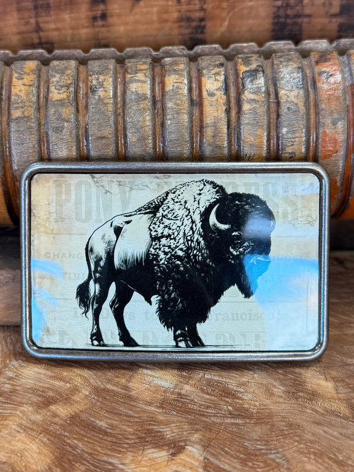 Rectangle belt buckle featuring a black buffalo graphic with blue-tinted background in frame