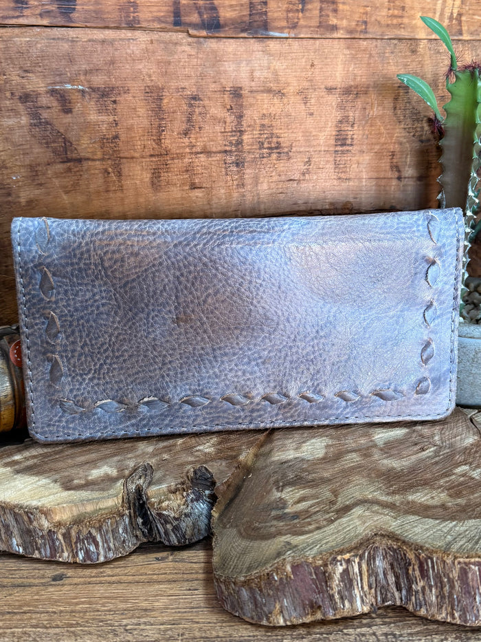 Gray cowhide checkbook wallet, long pebble leather with stitched perimeter