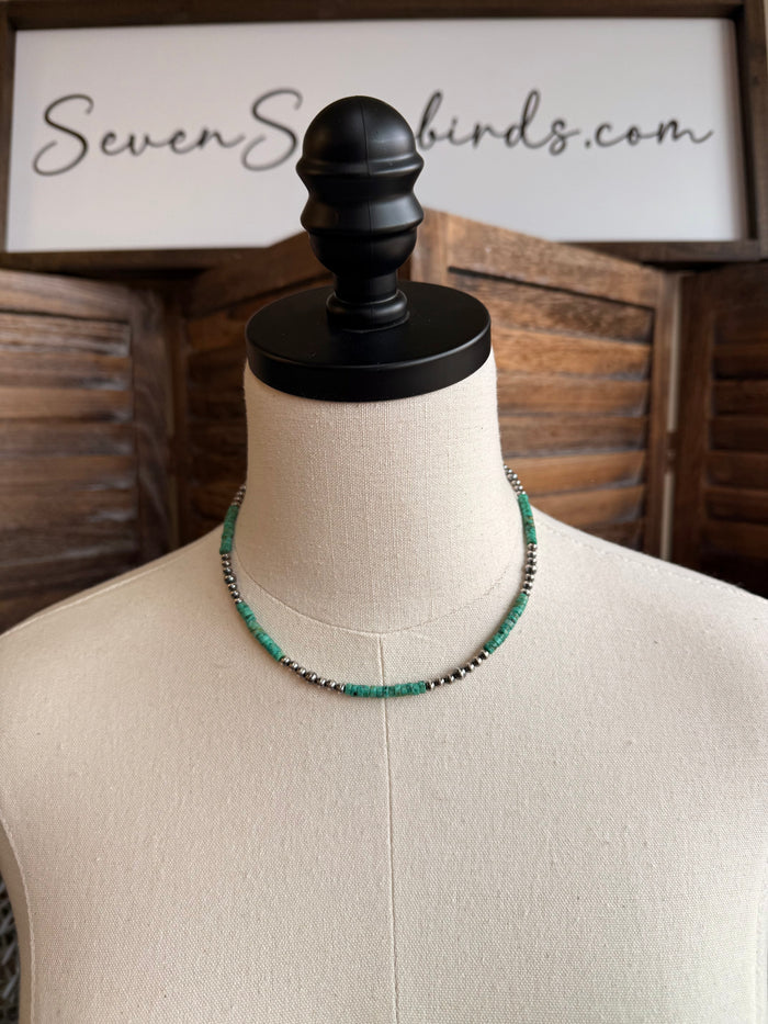 Green turquoise heishi bead necklace with sterling silver beads and pearl accents