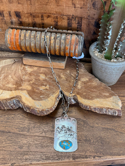 Silver-tone roping pendant necklace with turquoise-style oval and chain