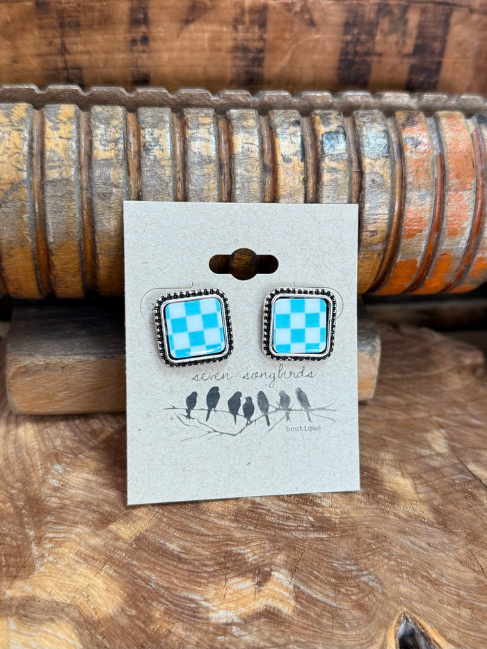Blue-and-white checkered square stud earrings with metal bead edging