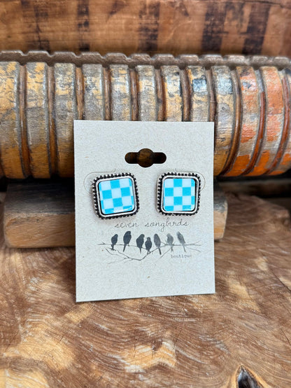 Blue-and-white checkered square stud earrings with metal bead edging