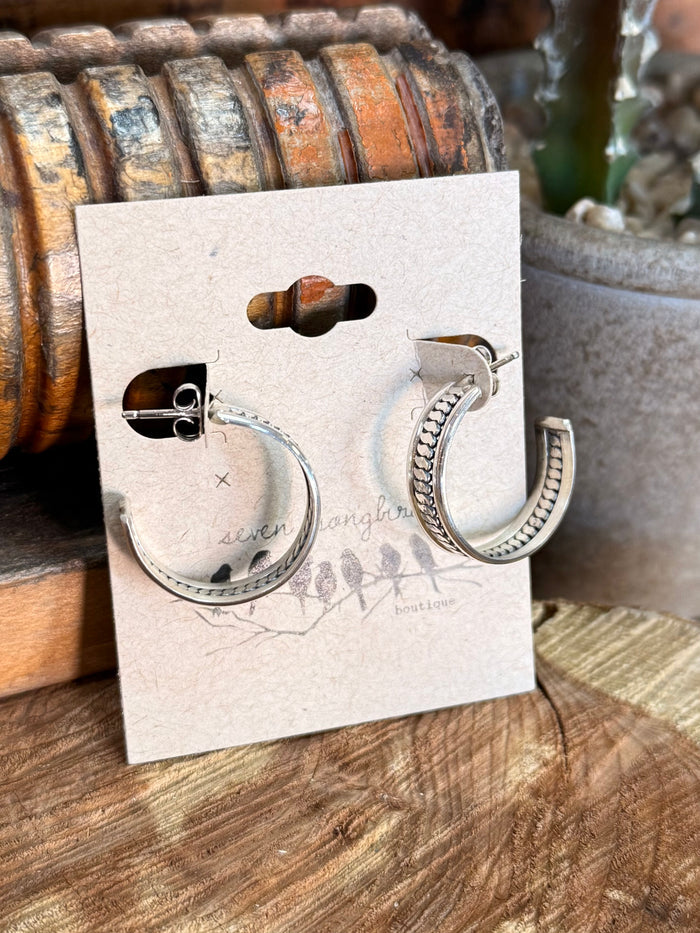 Sterling silver hoop stud earrings, textured curved hoops with clasp closure