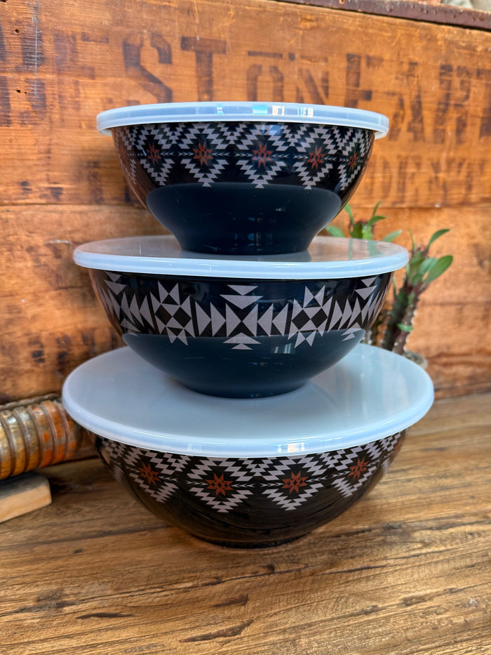 Black Aztec melamine lidded bowls set, stacked with light blue lids and geometric pattern