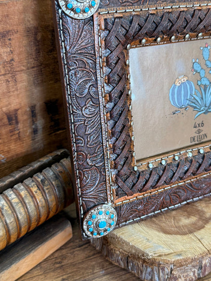 Turquoise concho faux leather 4x6 frame corner detail with braided trim