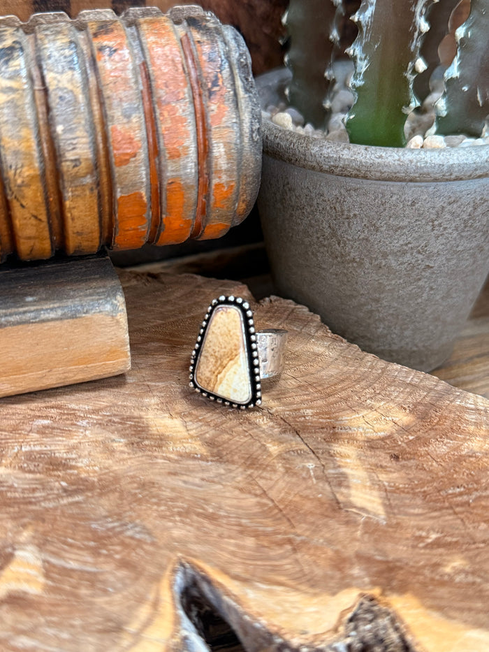 Adjustable picture jasper stone ring with silver beaded bezel and dark border triangle