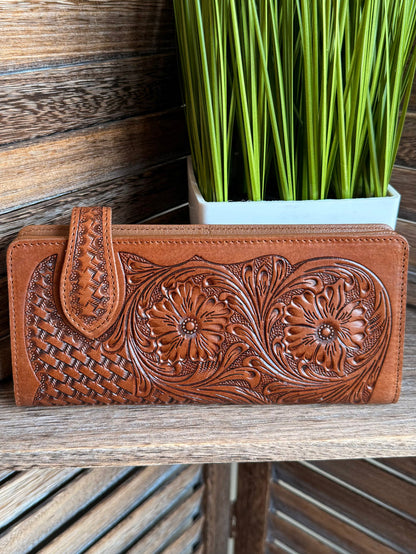 Tan tooled leather wallet with floral medallion embossing and braided panel