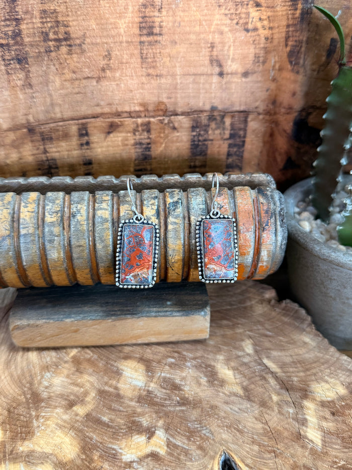 Rectangular lace agate drop earrings with silver fishhook, orange-blue stone in silver frame