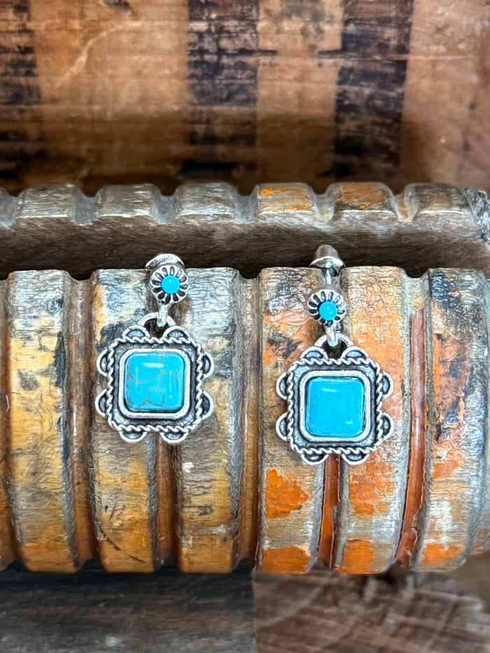 Turquoise square dangle stud earrings in silver filigree with blue bead accents