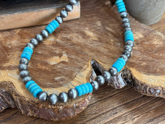 Turquoise and silver pearl bead necklace with turquoise tube beads and clustered silver beads