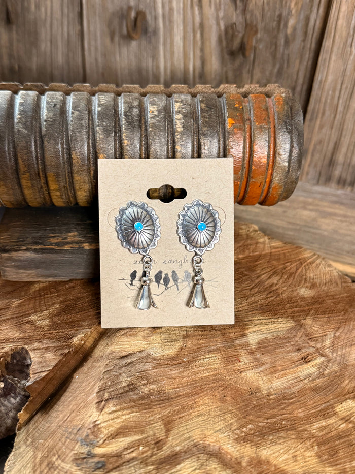 Turquoise concho stud earrings with silver scalloped discs and dangling bell charms