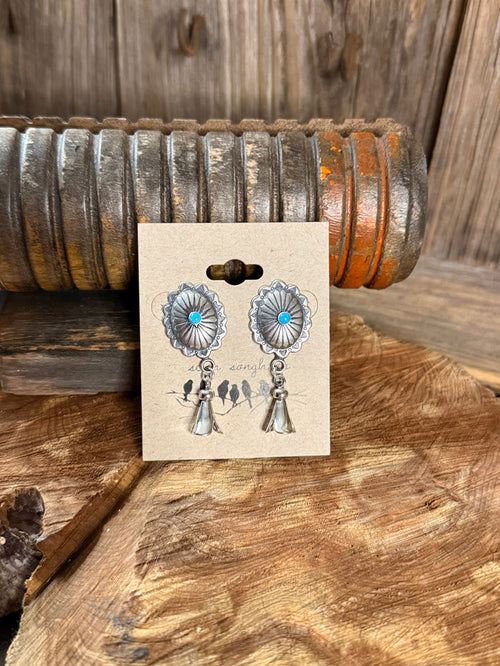 Turquoise concho stud earrings with silver scalloped discs and dangling bell charms