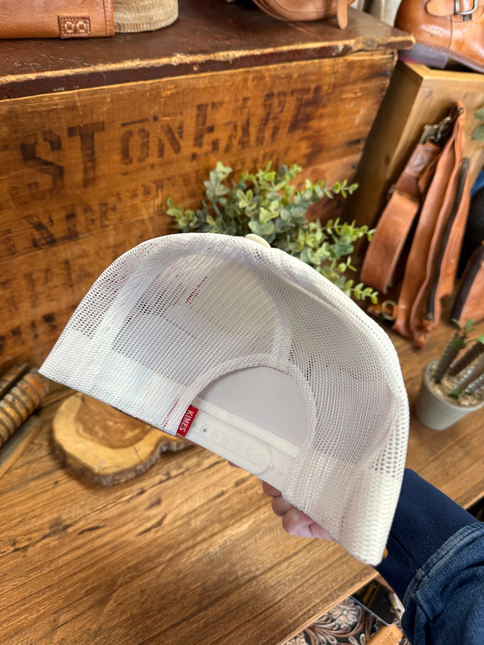 White mesh back cap with red logo tag and curved brim