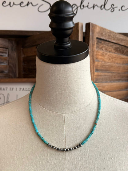 18-inch blue turquoise heishi bead necklace with silver pearl segments