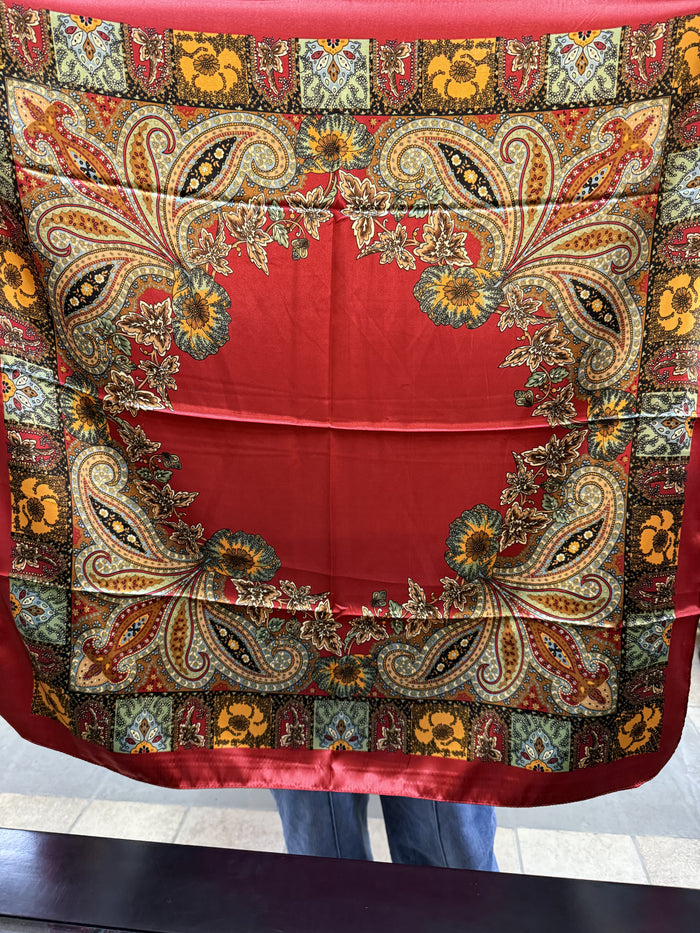 Red paisley wild rag scarf with ornate paisley medallions and floral accents