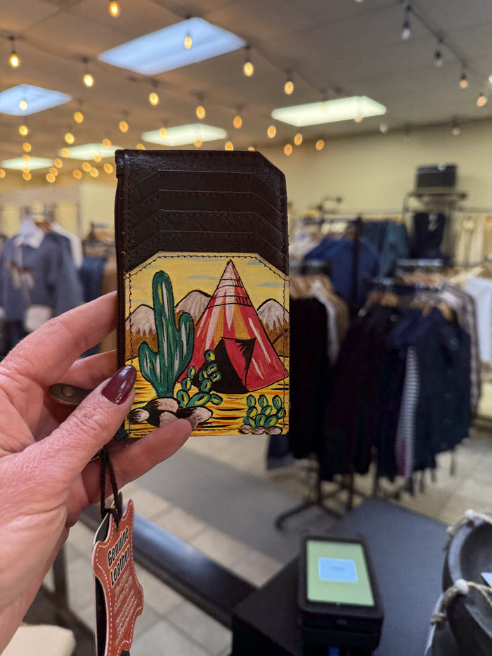 Brown card and coin holder with desert tepee and cacti graphic