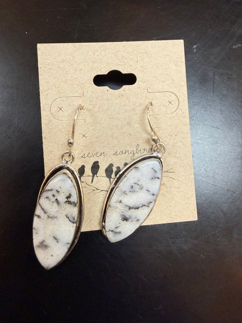 Oval dendritic opal fishhook earrings, silver-tone settings, dangling white with black specks