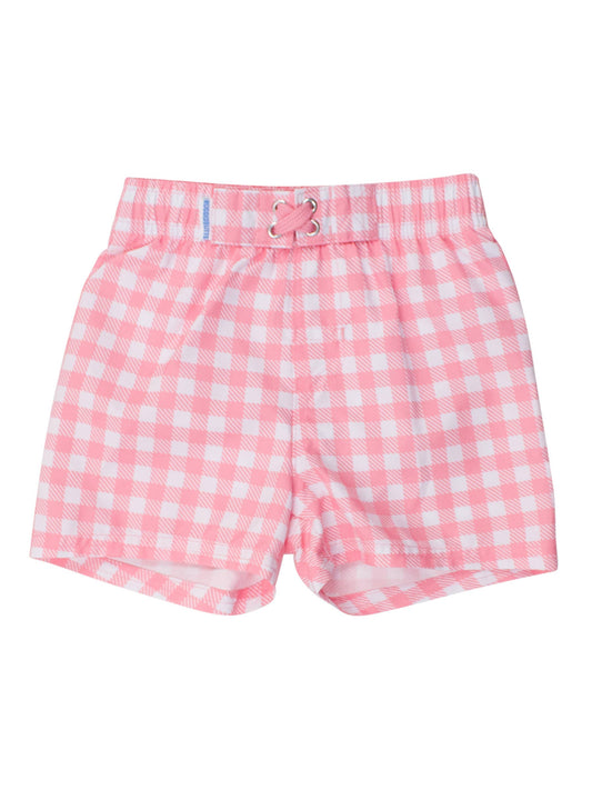 Boys Bubblegum Gingham Swim Trunks