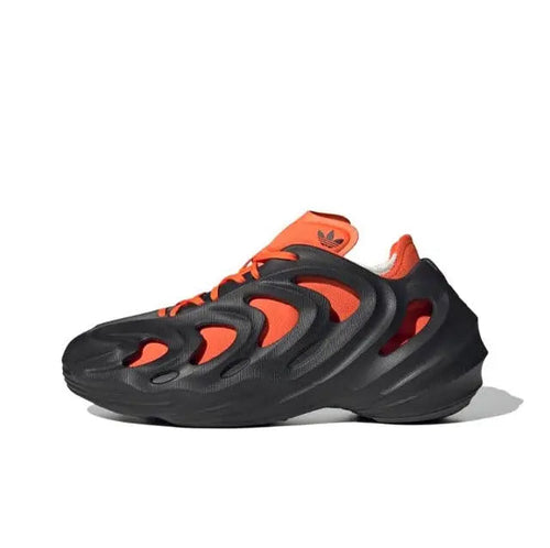 Adidas Adifom Q sneaker: black with orange laces, flame-like cutouts