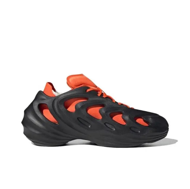 Adidas Adifom Q sneaker: black with orange trim and bold flame-shaped outsole pods