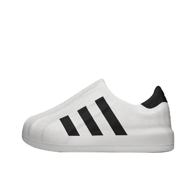 White sock-style sneaker with black adidas stripes, low profile sole