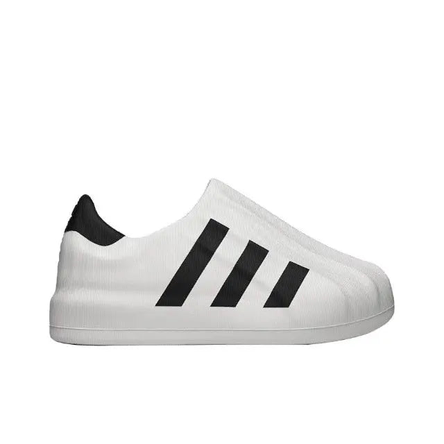 White sock-style sneaker with black adidas stripes and black heel collar