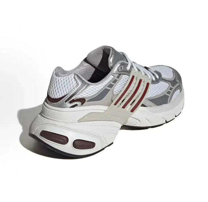 Adidas running sneakers, light gray mesh upper with red three-stripe detail