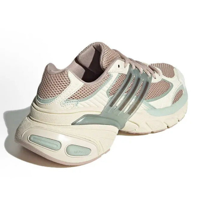 Adidas Adistar XLG lace-up running shoes, heel and side view in beige with blue trim