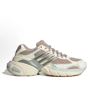 Adidas Adistar XLG lace-up running shoes, pair view in beige with pink mesh and blue accents
