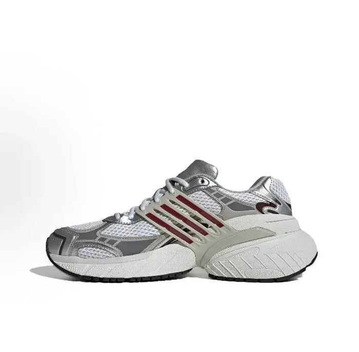 Adidas running sneakers side view, gray and white with red stripe accents